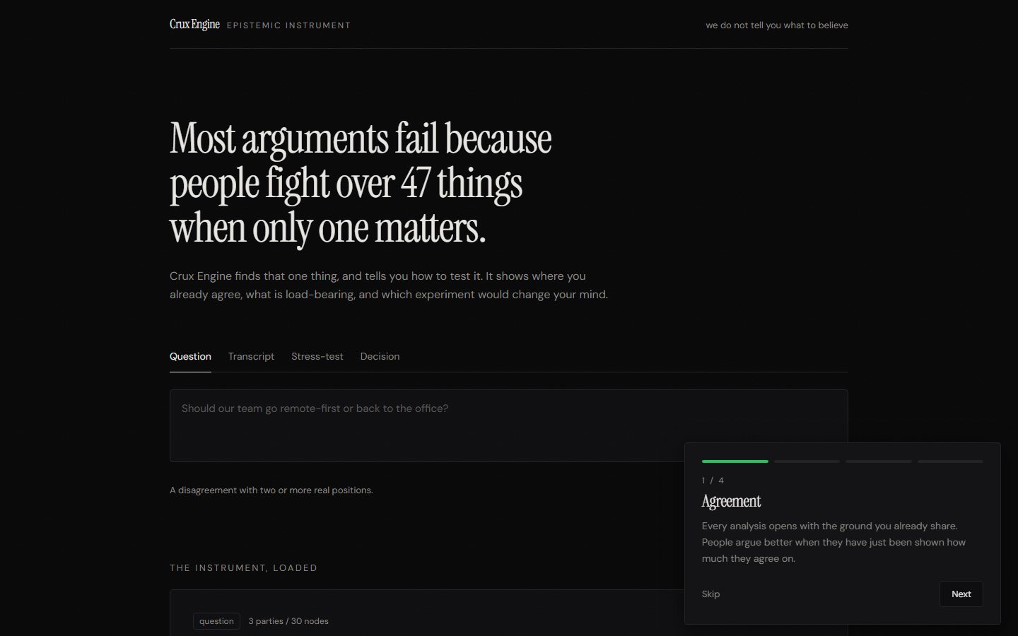 Crux Engine homepage: epistemic tool that maps disagreements into belief graphs